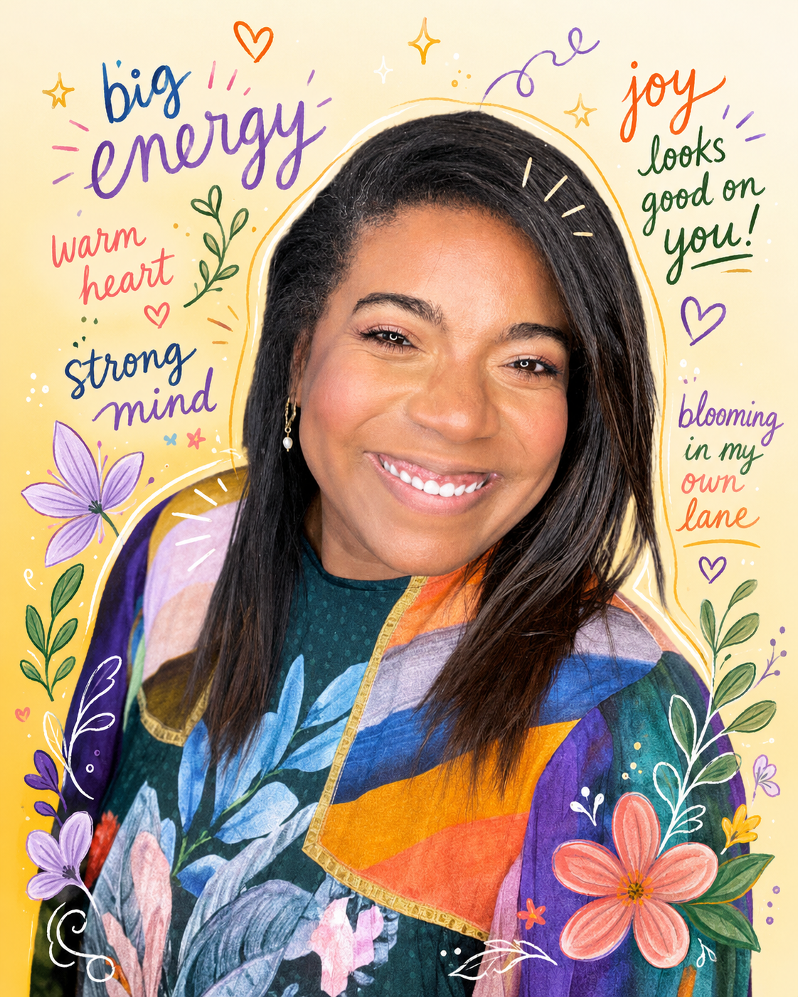 Bio photo of Jasmin, smiling, surrounded by hand-drawn florals and the words 'big energy,' 'warm heart,' 'strong mind,' 'joy looks good on you,' and 'blooming in my own lane.'