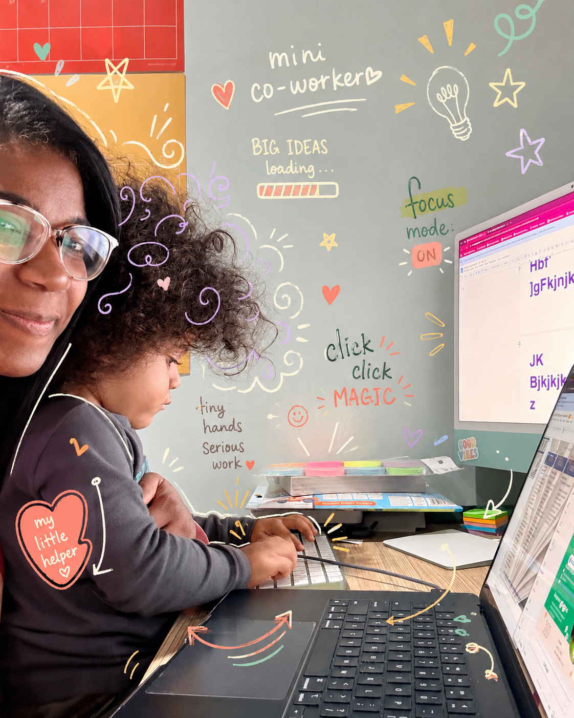 Behind the scenes photo from Jasmin's life and work — Jasmin at her desk with her little co-worker on her lap, surrounded by hand-drawn doodles.
